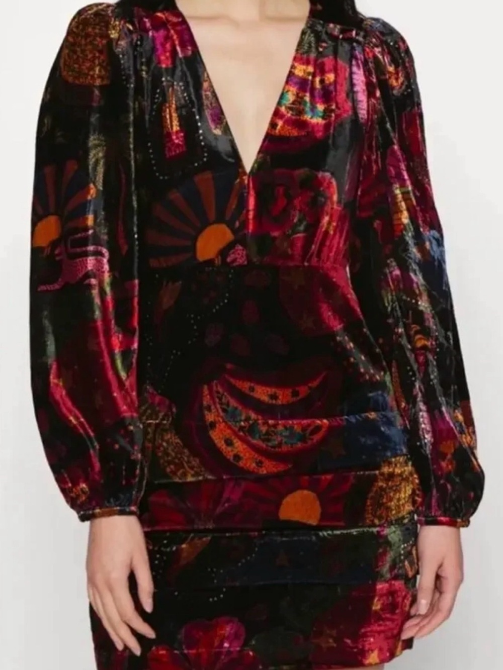 Farm Rio Crazy Mix Plunge Neck Long Sleeve Velveteen Mini Dress Size S - Picture 7 of 7